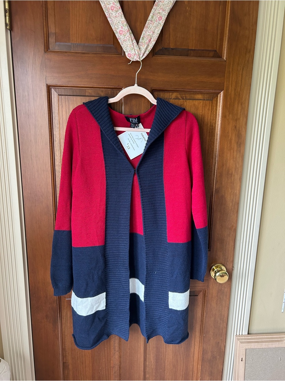 Colorblock Hooded Cardigan - Red, Navy & White